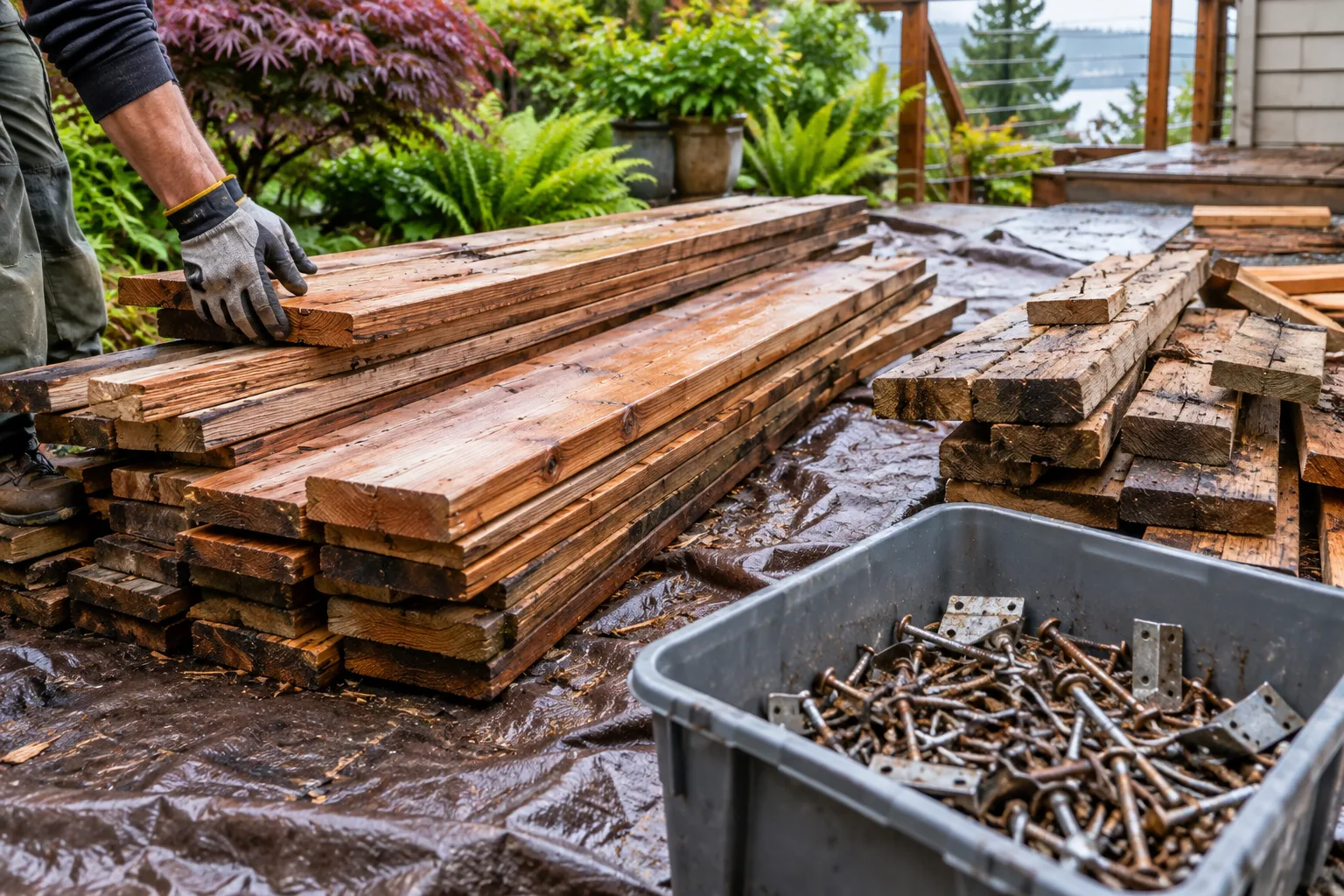 Structural material sorted beside a swim spa removal area